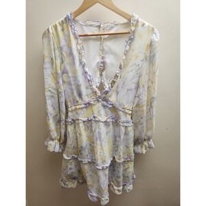 Floral Ruffle Romper Women Small Lavender Yellow Open Back Long Sleeve V-Neck